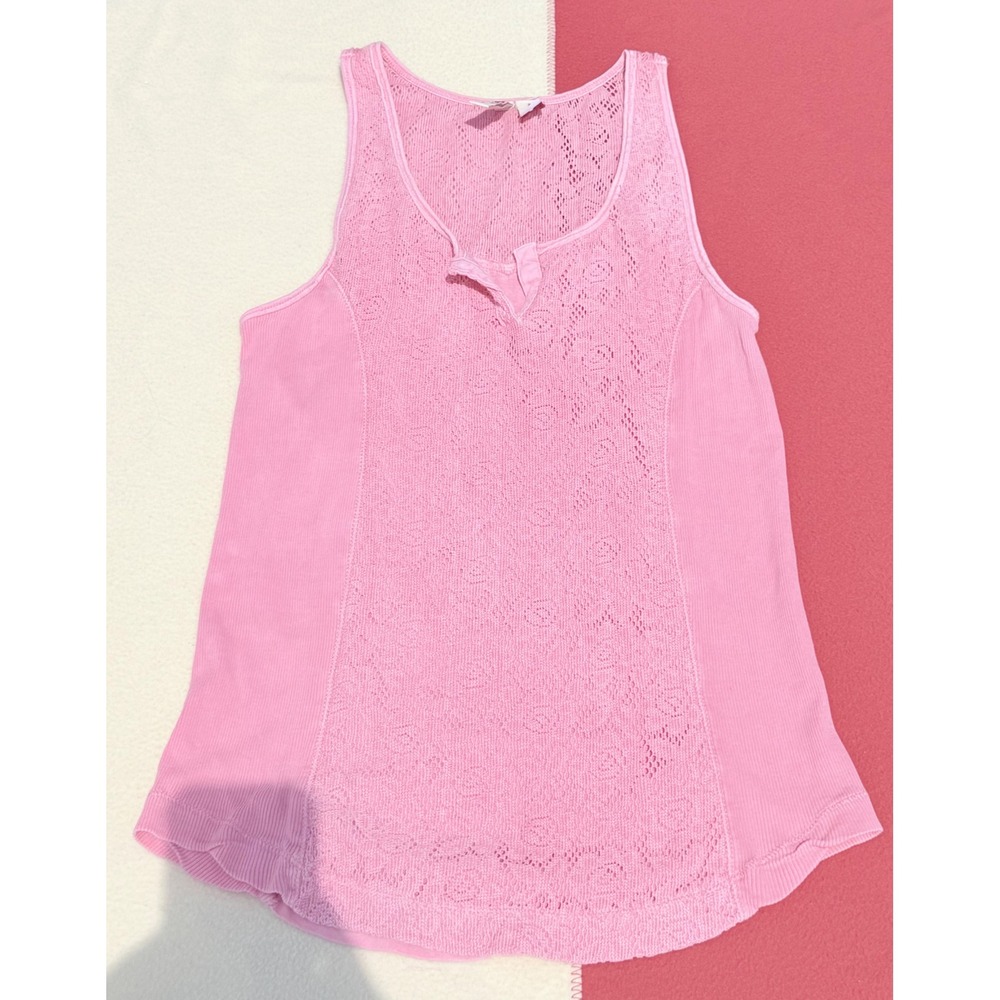 Y2K Mudd Pink Crochet Lace Front Ribbed Tank Top Henley Neck Shirt Large